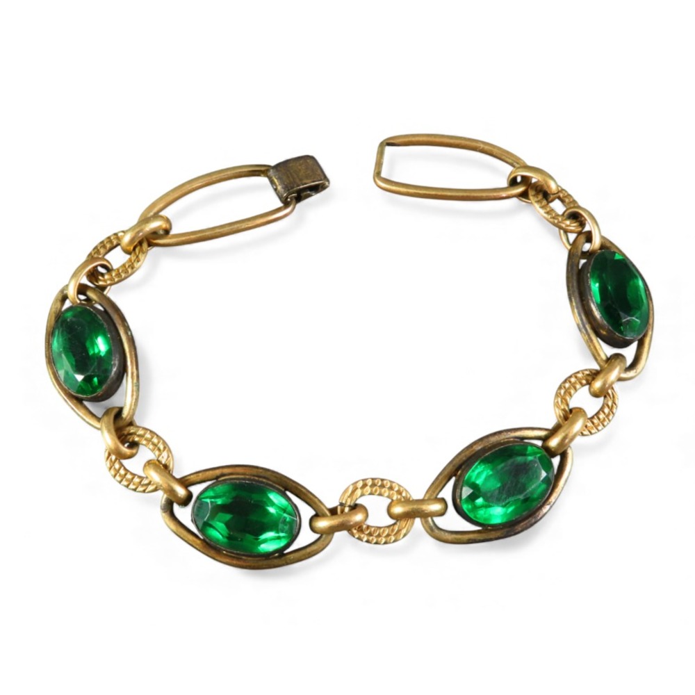 VTG Simmons Gold Filled Bracelet GREEN RHINESTONES PASTE Oval Space Age Links